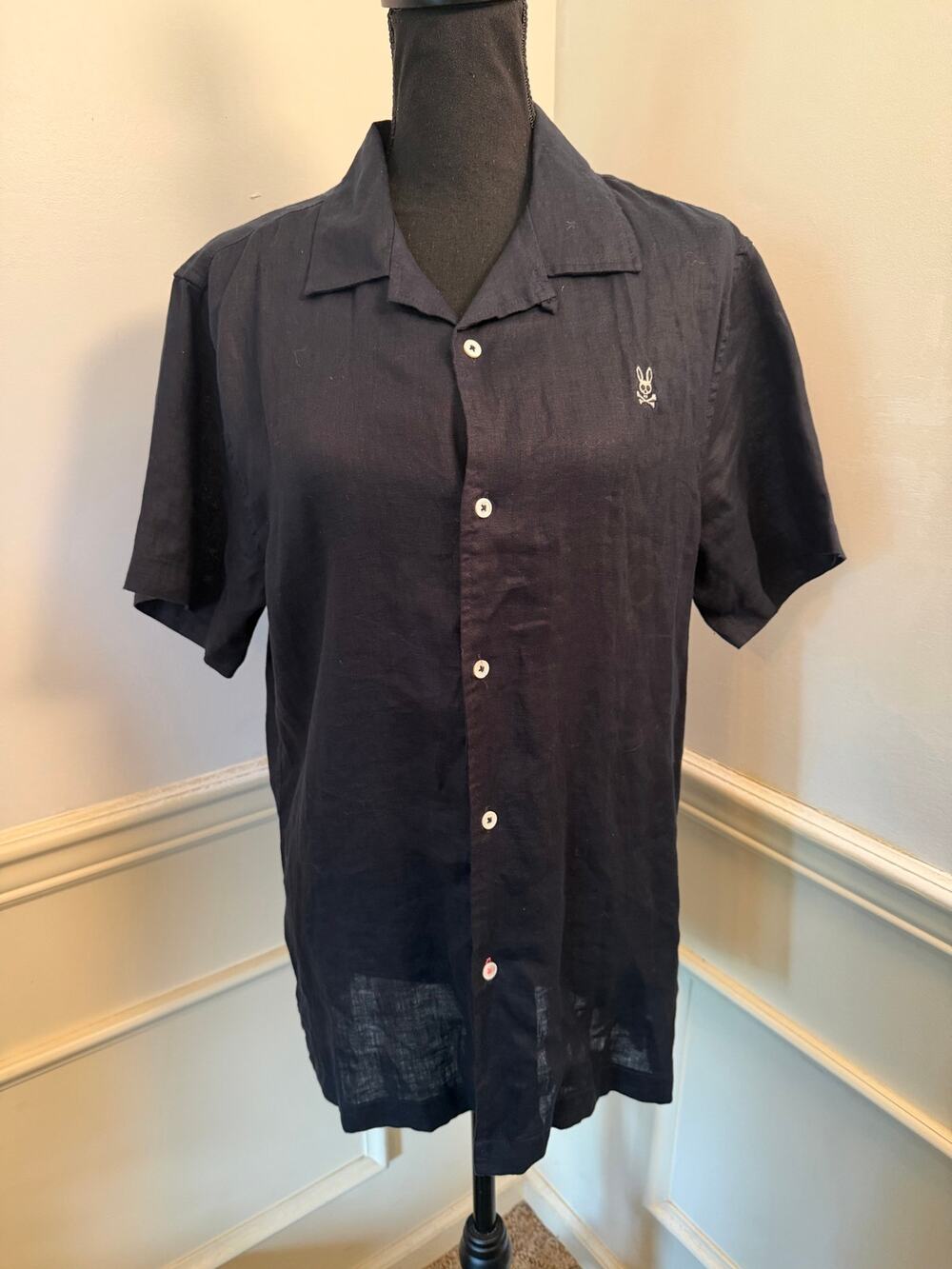 Psycho Bunny Linen Camp Collar Short Sleeve Button Down Navy Blue Resort Wear